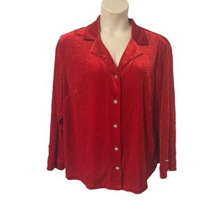 Coldwater Creek Red Velvet Shirt Jacket~Plus 3XL~Holiday Rhinestone Buttons Glam